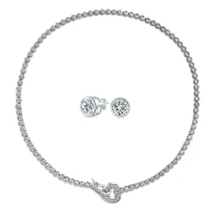 Bridal Jewelry Set CZ Bezel Tennis Heart Clasp Collar Necklace and Stud Earrings