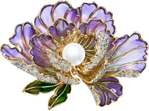 Brooches For Women,14k Gold Plated Copper,Cubic Zirconia Rich Peony Flower Enamel Brooch Pins For Women Pearl BroachFlower Broach