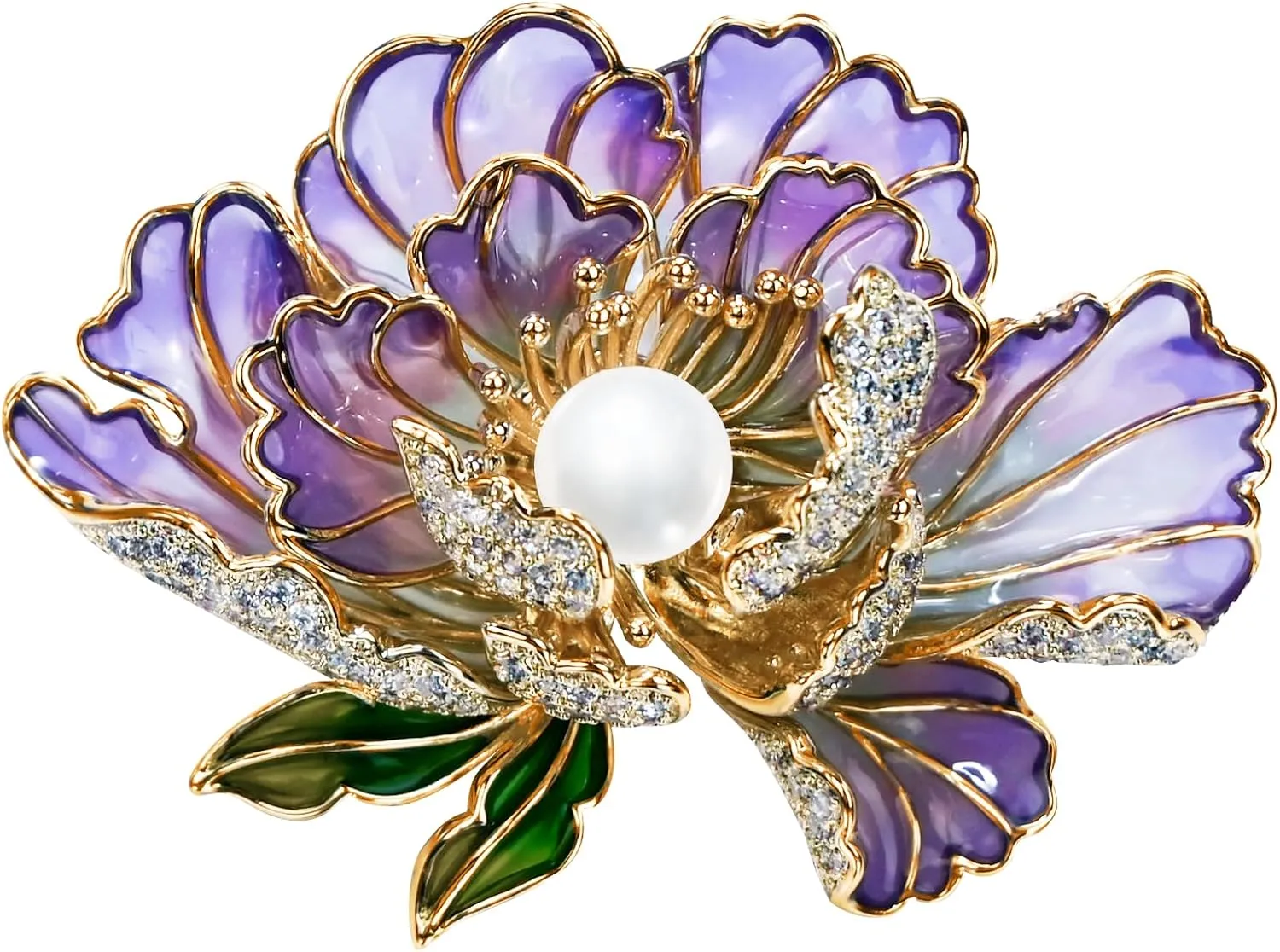 Brooches For Women,14k Gold Plated Copper,Cubic Zirconia Rich Peony Flower Enamel Brooch Pins For Women Pearl BroachFlower Broach