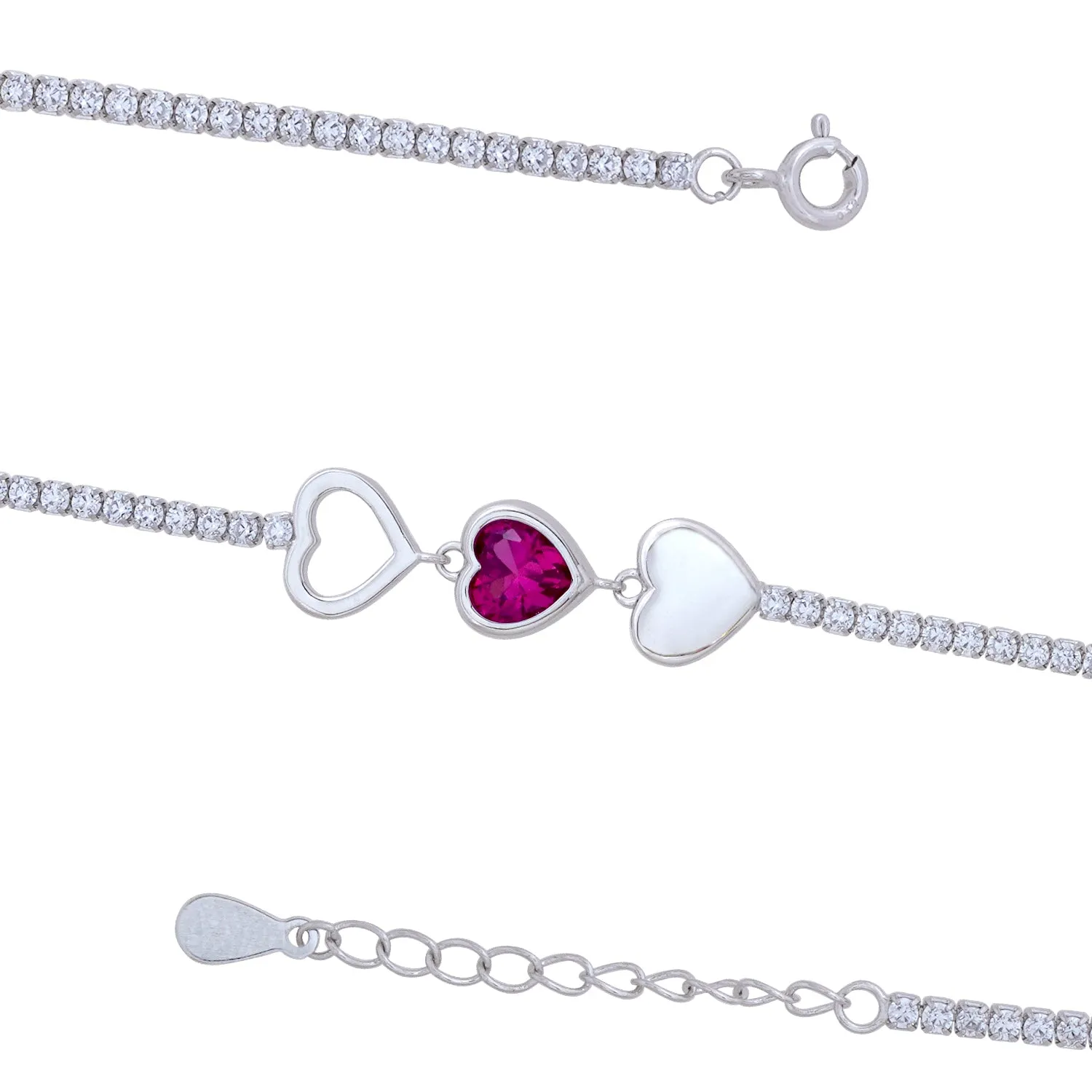 Centered Pink Rhodium Plated 925 Trio Heart Bracelets