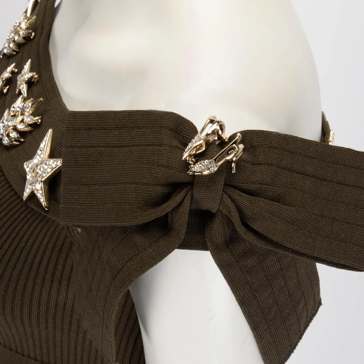 Chanel Khaki Knitted Brooches Dress FR 40