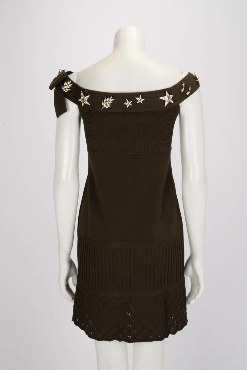 Chanel Khaki Knitted Brooches Dress FR 40