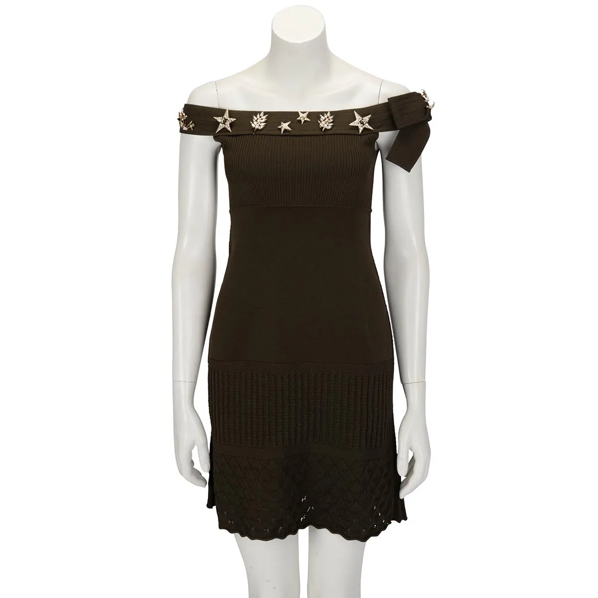 Chanel Khaki Knitted Brooches Dress FR 40