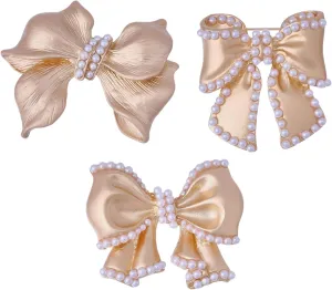 CHGCRAFT 3 Pcs 3 Styles Elegant Pearl Bow Brooch Pin Lapel Pin Bowknot Brooch Pin Alloy Pins Set Pin Coat Shirt Suit Collar Accessories for Backpack Clothing Badges, Gold