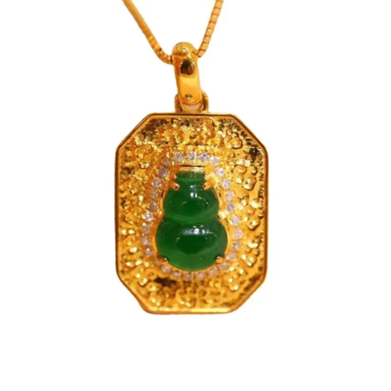 Classic design silver inlay Natural green jade gourd necklace pendant