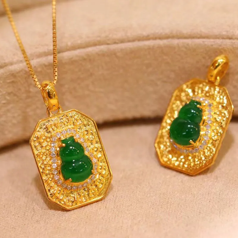 Classic design silver inlay Natural green jade gourd necklace pendant