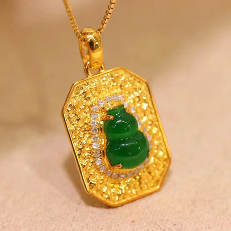 Classic design silver inlay Natural green jade gourd necklace pendant