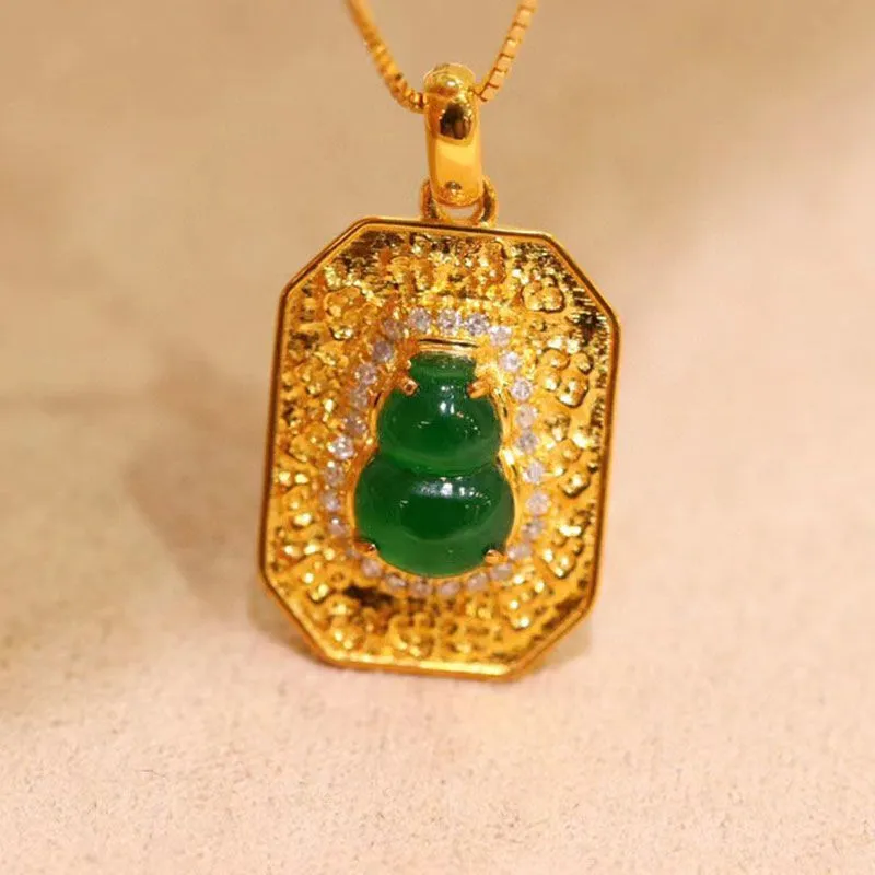 Classic design silver inlay Natural green jade gourd necklace pendant