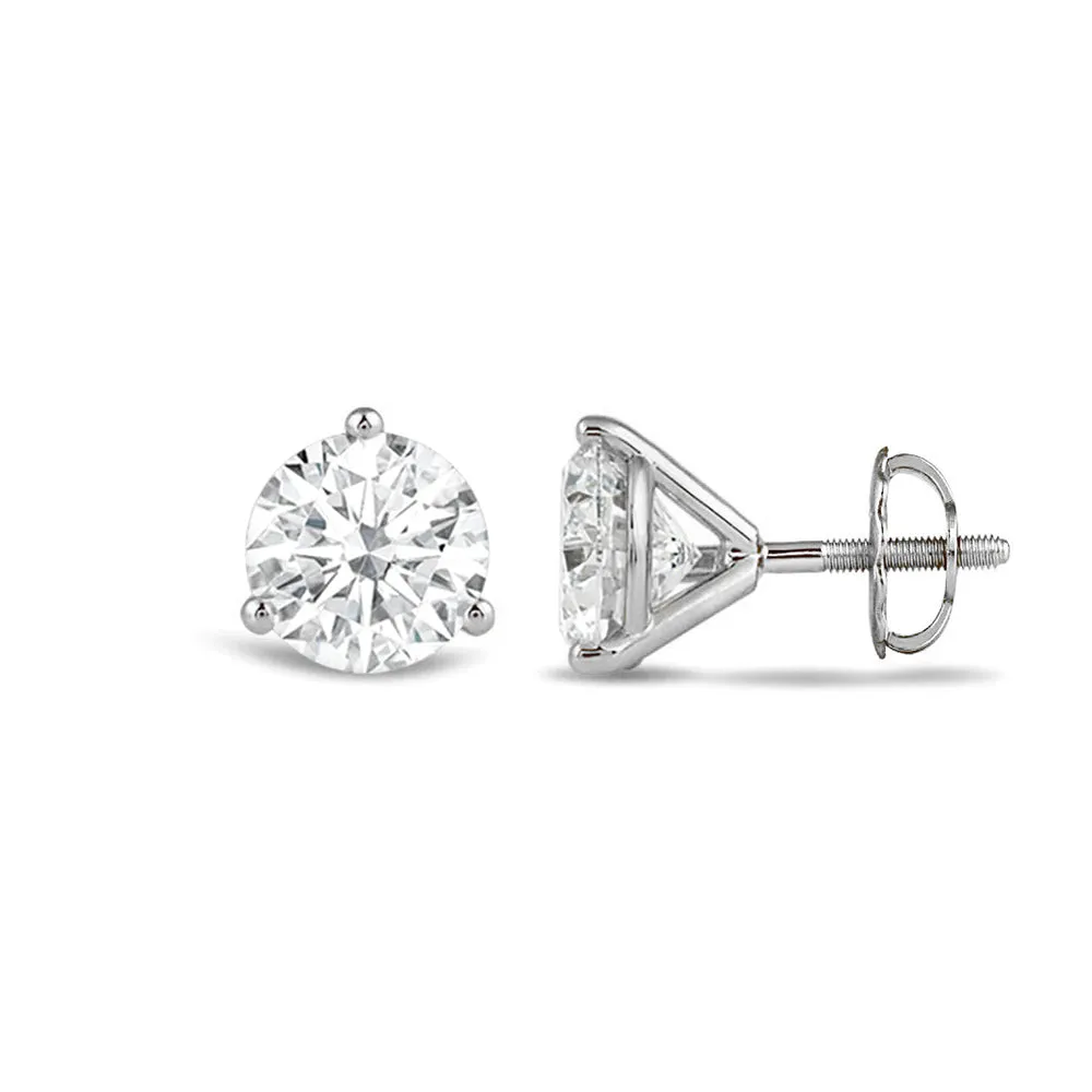 Classic Round Brilliant Cut Diamond Three Prong Martini Stud Earrings