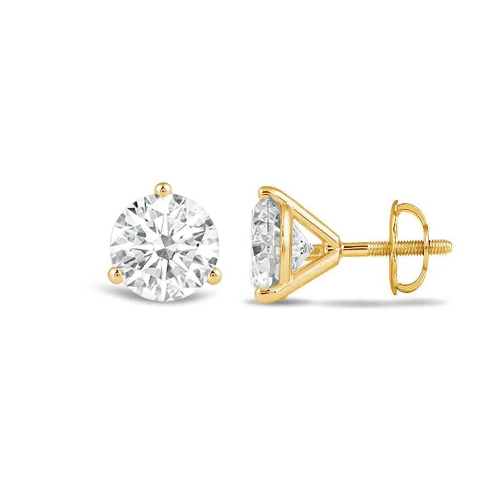 Classic Round Brilliant Cut Diamond Three Prong Martini Stud Earrings