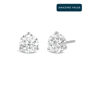 Classic Round Brilliant Cut Diamond Three Prong Martini Stud Earrings