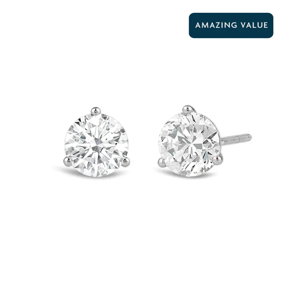 Classic Round Brilliant Cut Diamond Three Prong Martini Stud Earrings