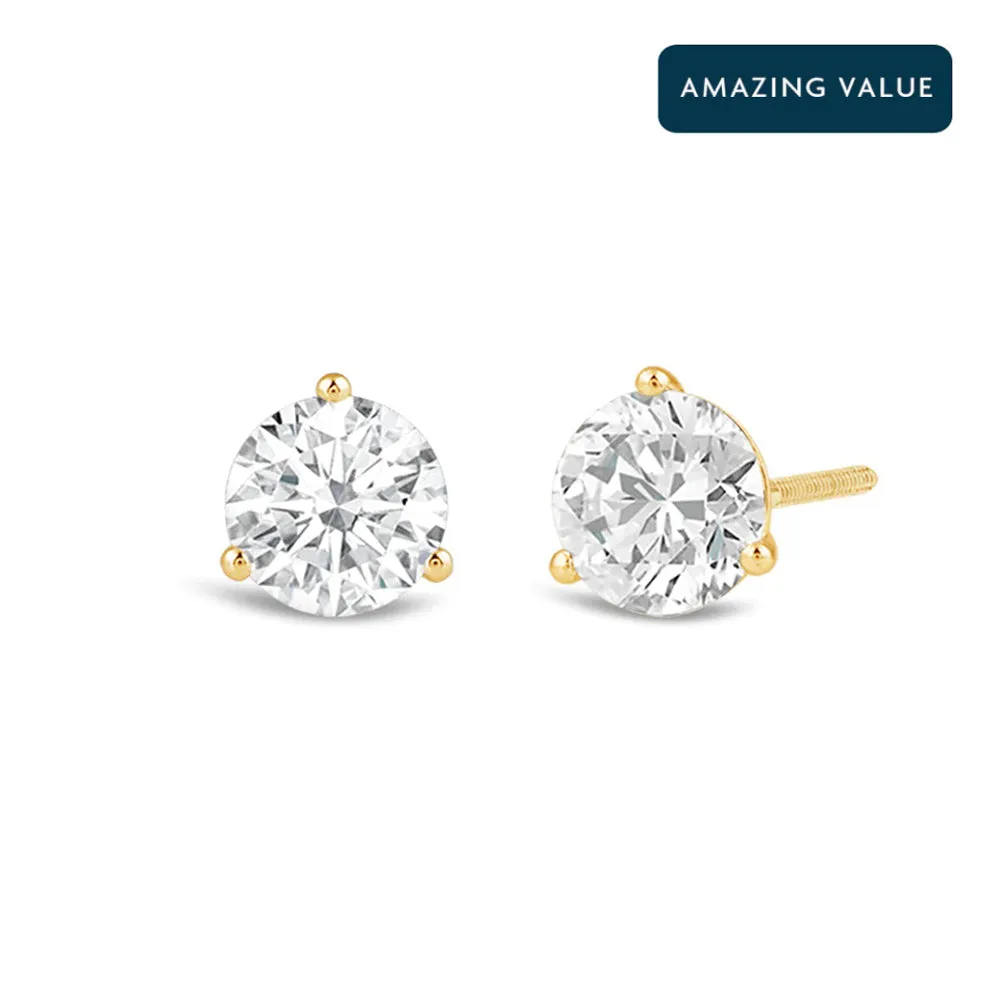 Classic Round Brilliant Cut Diamond Three Prong Martini Stud Earrings