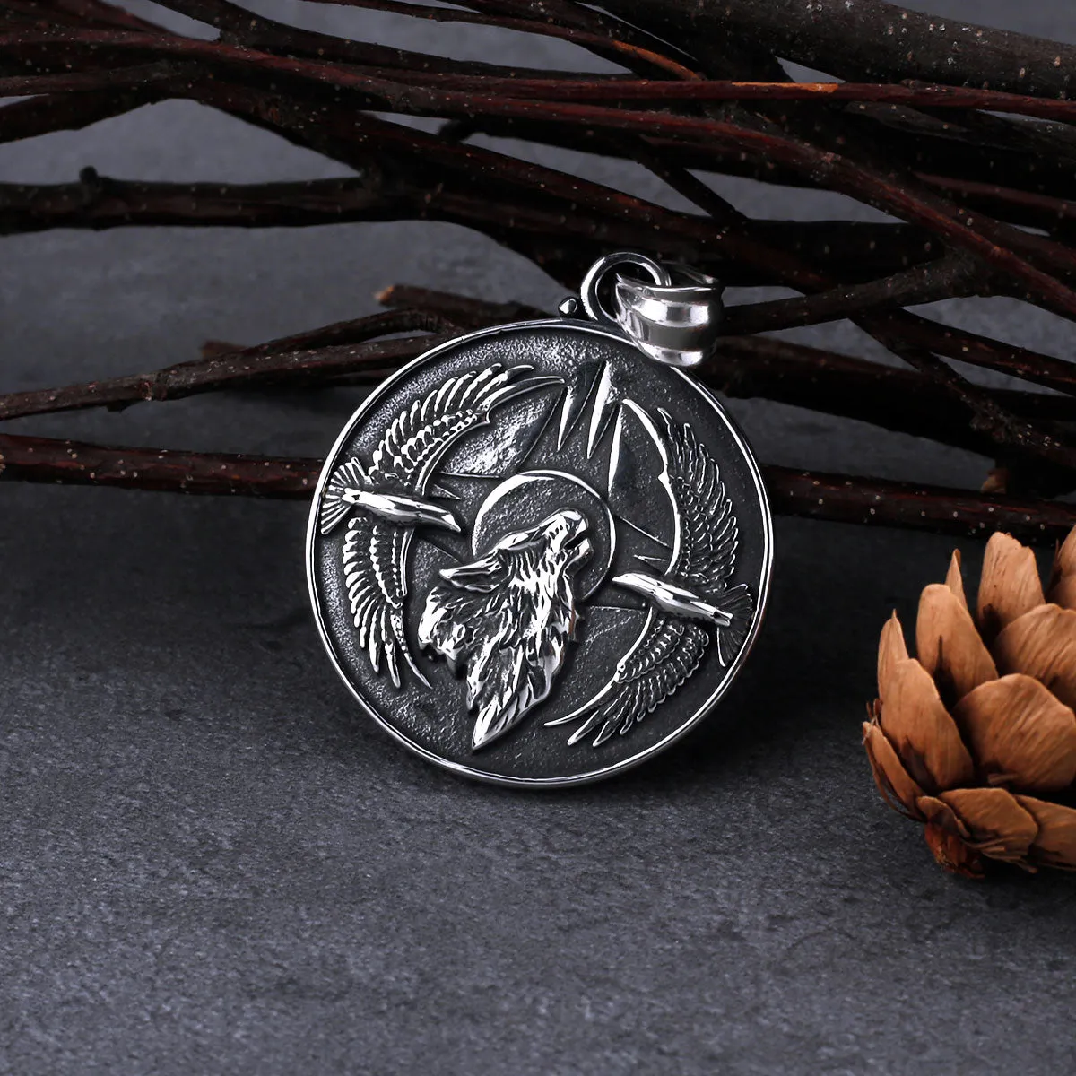 Classic Wolf and Crow Men's Stainless Steel Pendant Necklace