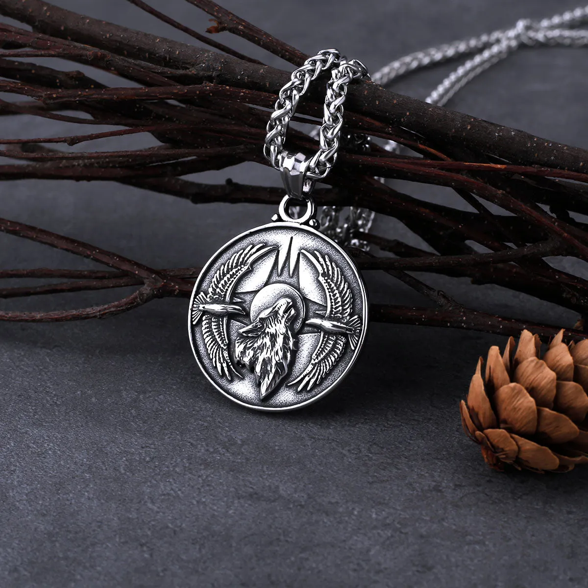 Classic Wolf and Crow Men's Stainless Steel Pendant Necklace