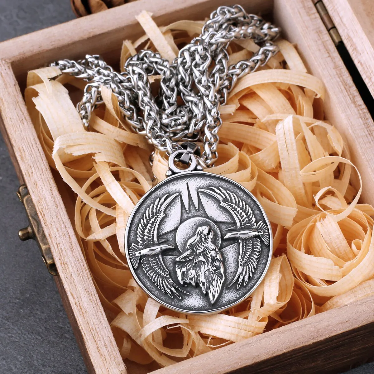Classic Wolf and Crow Men's Stainless Steel Pendant Necklace