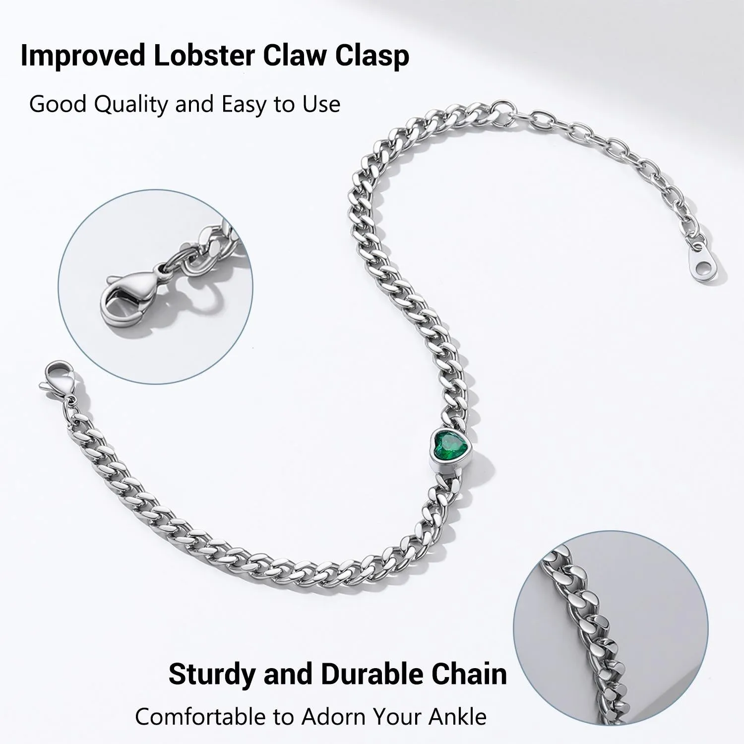Cuban Link Heart Birthstone Anklet for Women