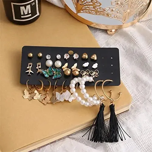 Cute Long Tassel Drop Statement Earrings and Studs - Stylish Set of 17
