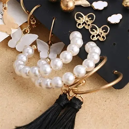 Cute Long Tassel Drop Statement Earrings and Studs - Stylish Set of 17