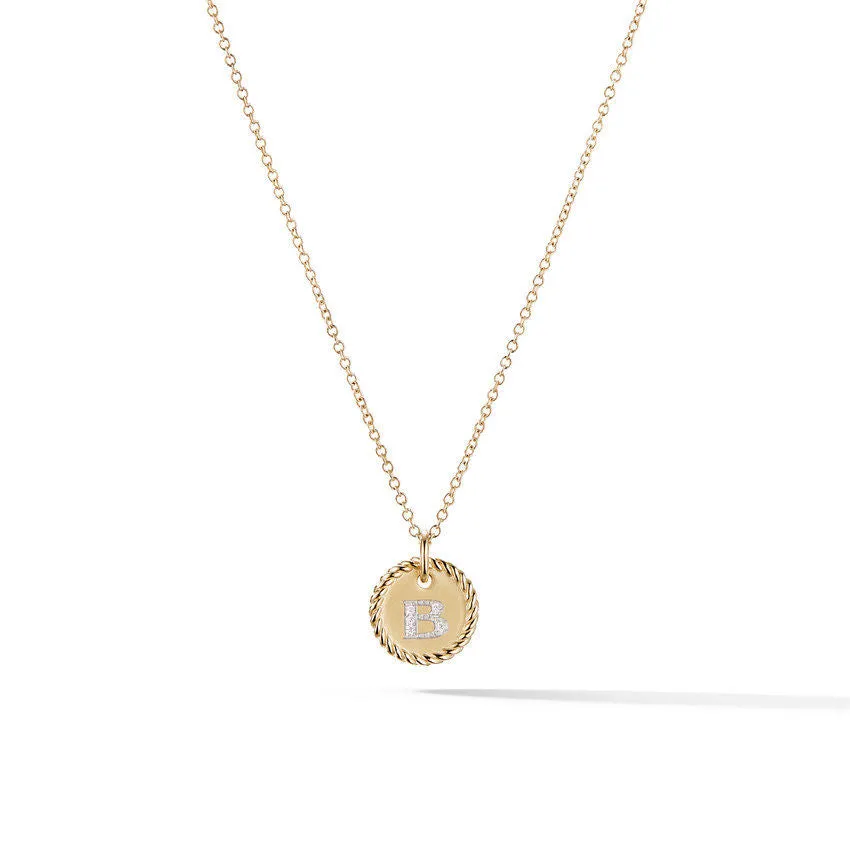 David Yurman B Initial Charm Necklace in 18K Yellow Gold with Pave Diamonds