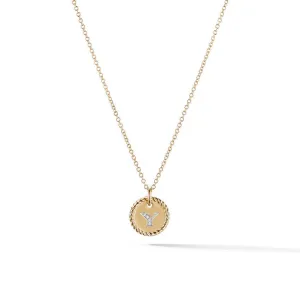David Yurman Y Initial Charm Necklace in 18K Yellow Gold with Pave Diamonds