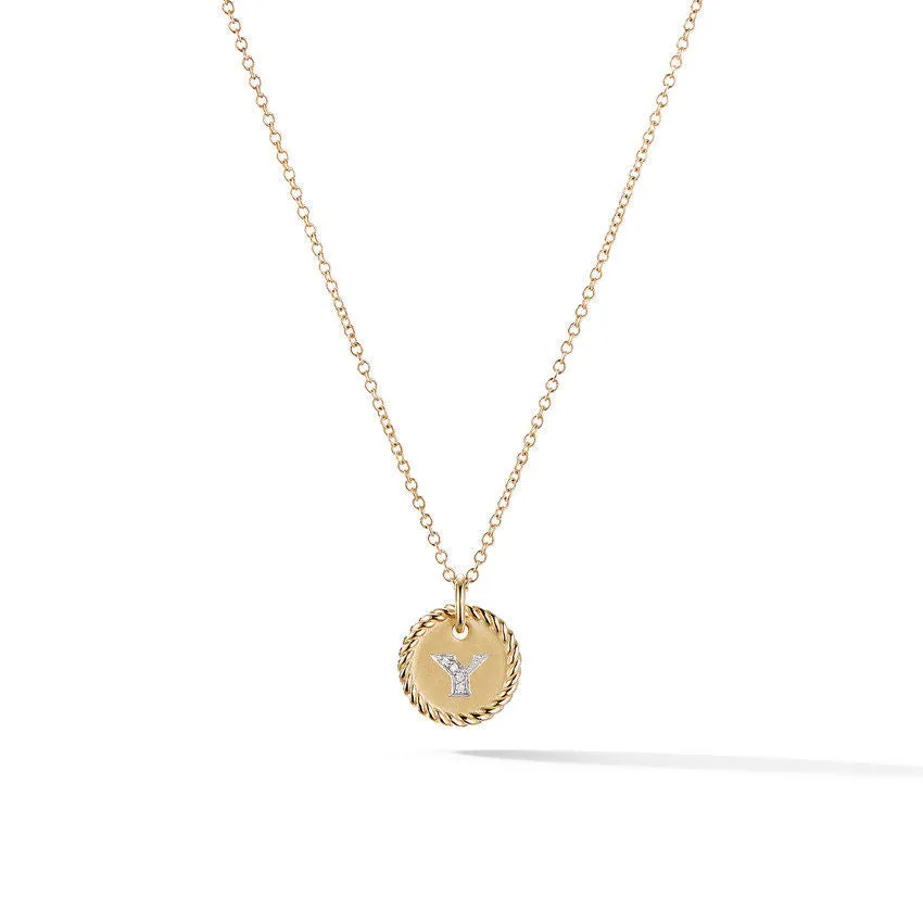 David Yurman Y Initial Charm Necklace in 18K Yellow Gold with Pave Diamonds