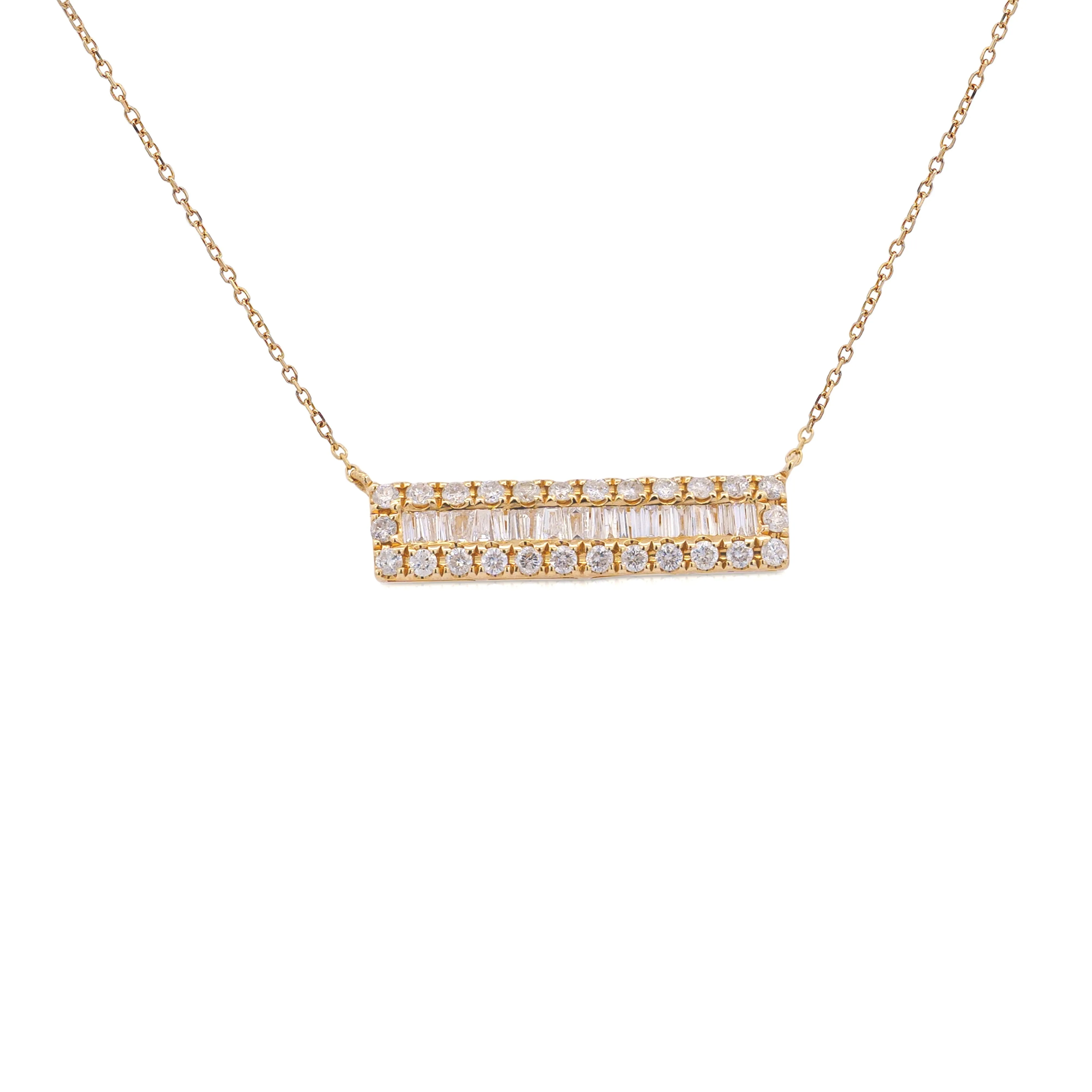 Diamond Bar Pendant Cable Chain Necklace 14K Yellow Gold 0.75 Carats