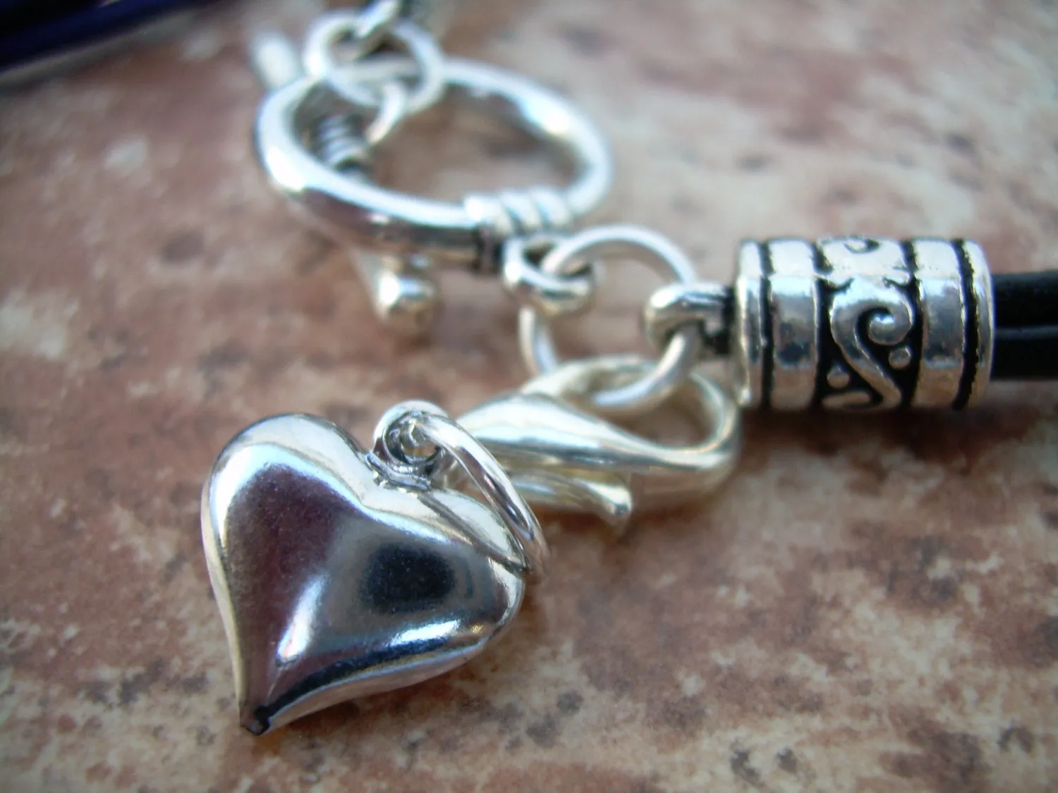 Double Wrap Black Leather Heart Charm Bracelet with Puff Heart Charm