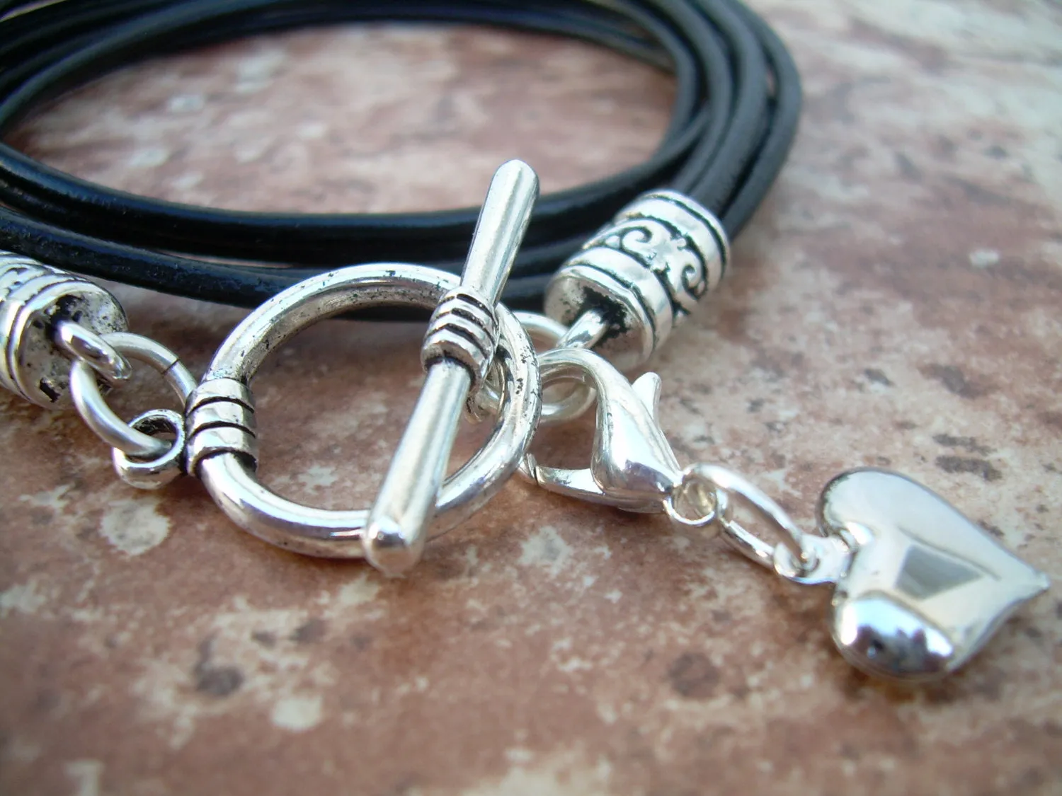 Double Wrap Black Leather Heart Charm Bracelet with Puff Heart Charm