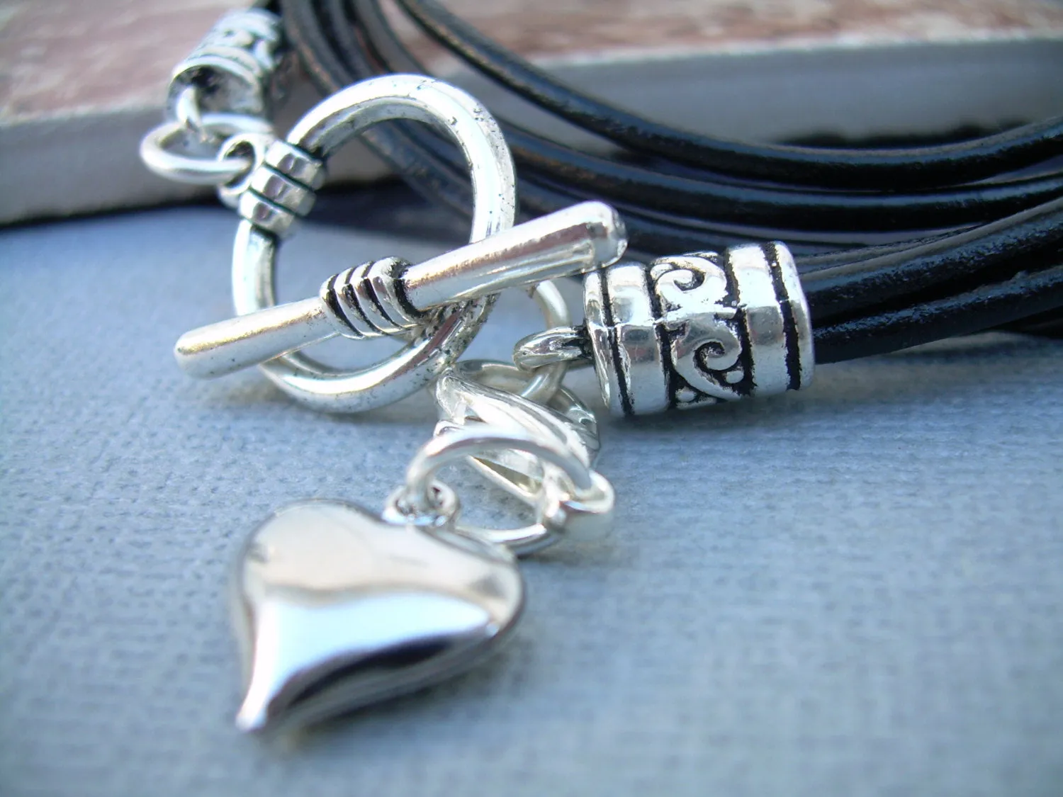 Double Wrap Black Leather Heart Charm Bracelet with Puff Heart Charm