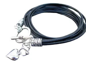 Double Wrap Black Leather Heart Charm Bracelet with Puff Heart Charm
