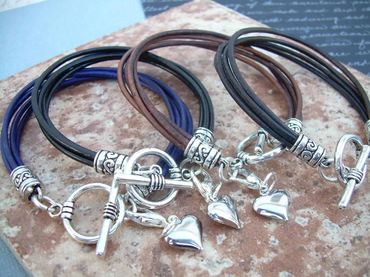 Double Wrap Black Leather Heart Charm Bracelet with Puff Heart Charm