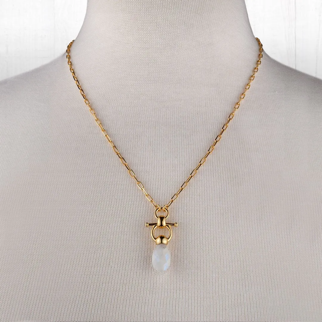 Droplette - Snaffle Horse Bit Moonstone and 14K Gold on Sterling Silver Necklace