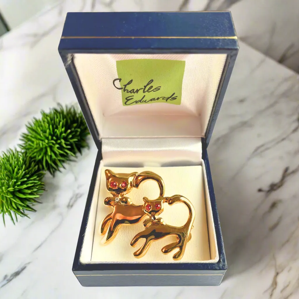 Elegant 9ct Gold Plated Twin Cats Brooch – Crystal-Set Feline Charm