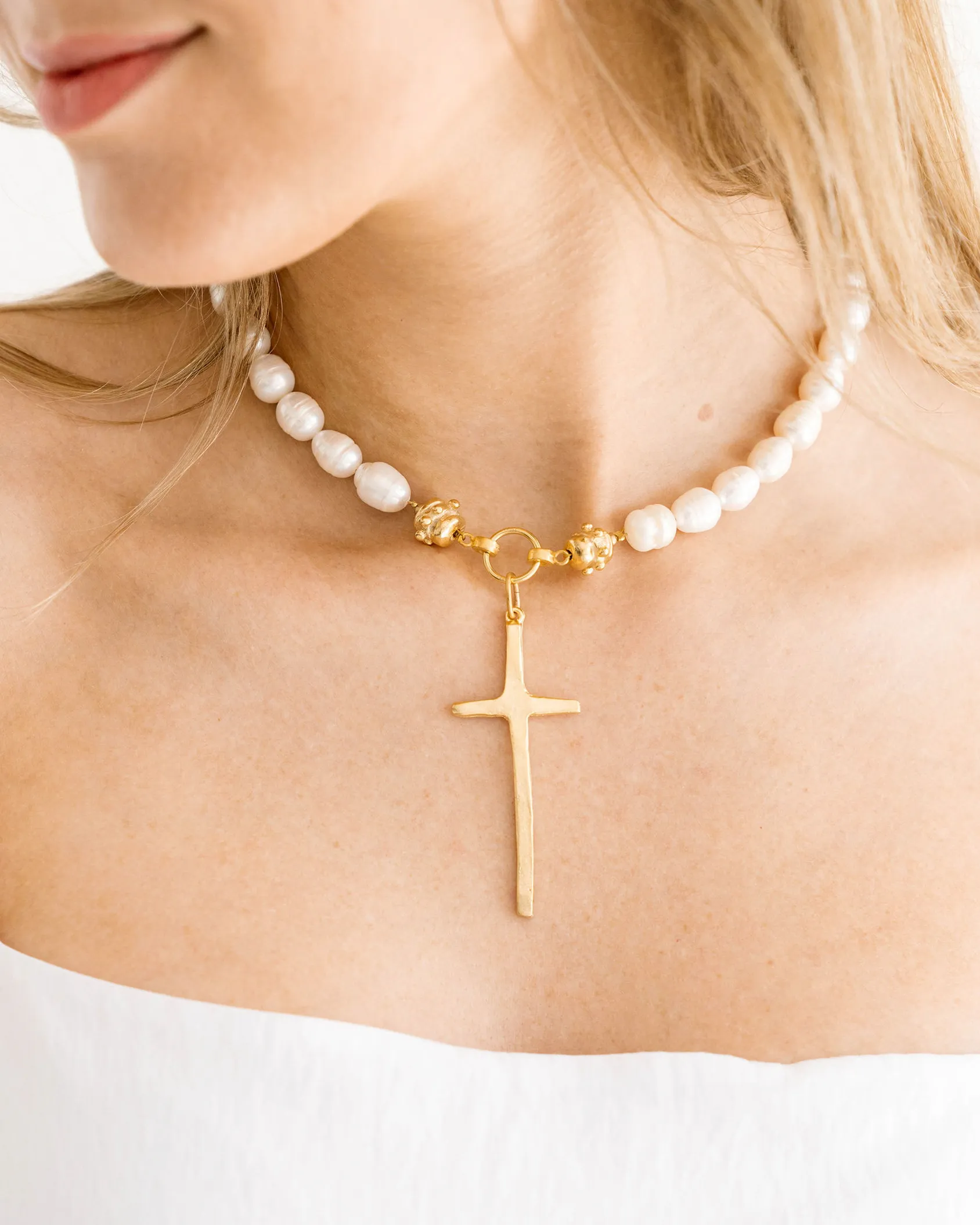 Elongated Cross Pearl Necklace