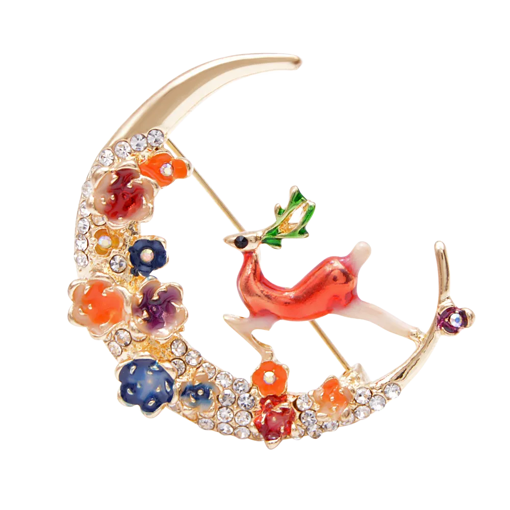 Enamel Moon And Deer Brooch Elegant Fashion Animal Design Brooch