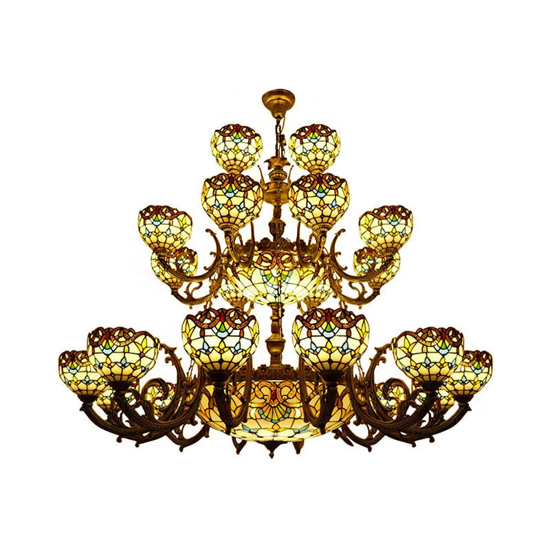 Extra Large Baroque Style 26/13-Light Chandelier with Art Glass Pendants in Brown for Living Room
