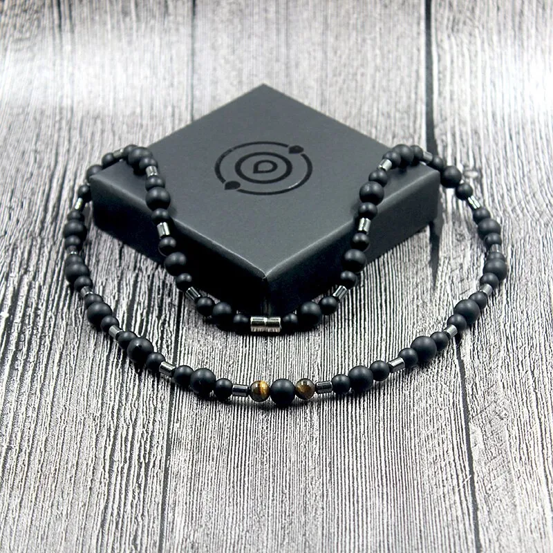 Fashion Classic Vintage Men Matte Black Natural Stone Necklace
