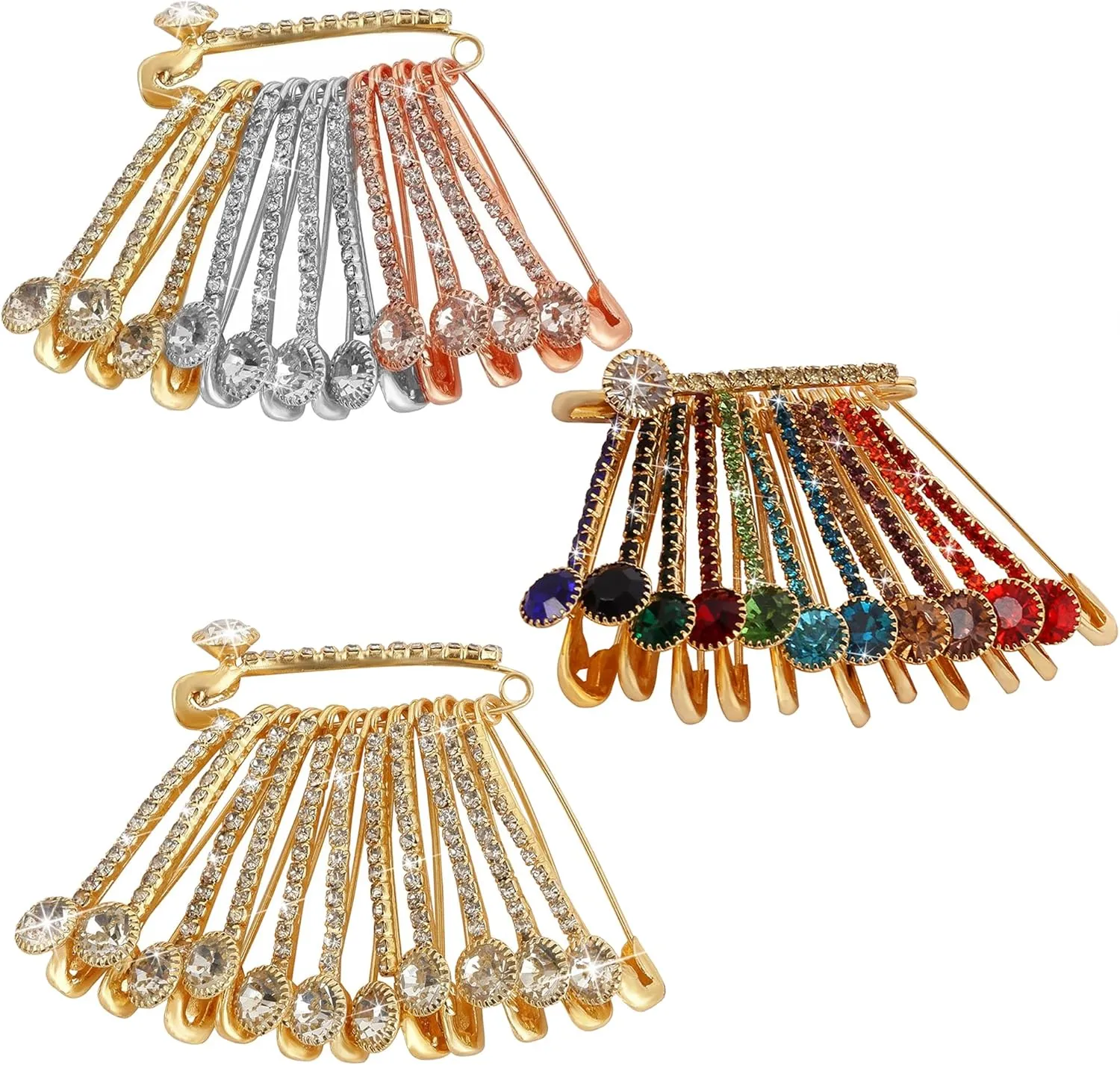 FASHIONS Multicolor Rhinestone Safety pin Brooch for Clothes Sweater Shirt Pants Dresses Scarf Skirt Saree Dupatta Hat Hijab Clips Jeans Pins Set of 36 Pcs