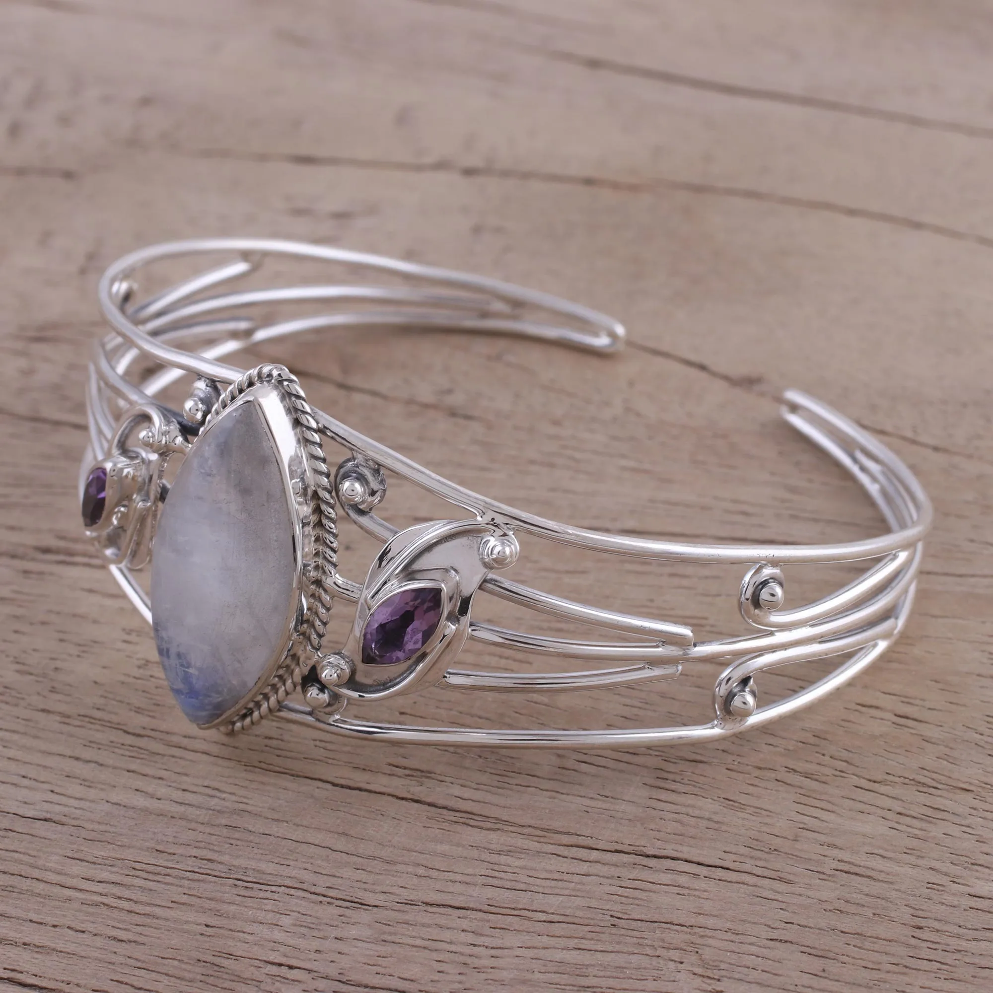 Feminine Glow Rainbow Moonstone and Amethyst Cuff Bracelet from India