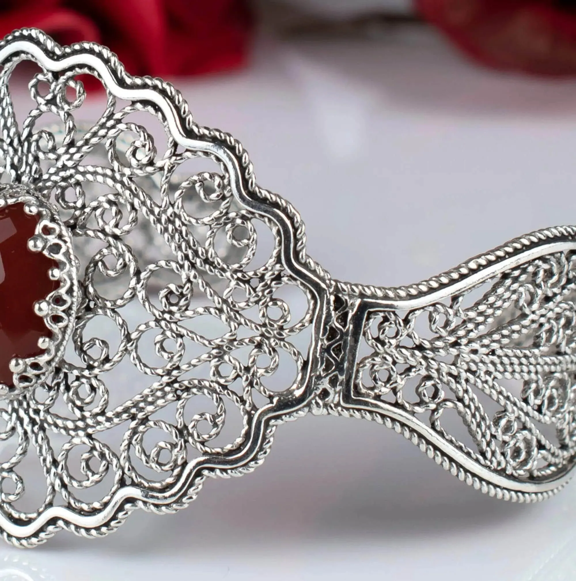 Filigree Art Carnelian Gemstone Lace Detailed Women Silver Cuff Bracelet