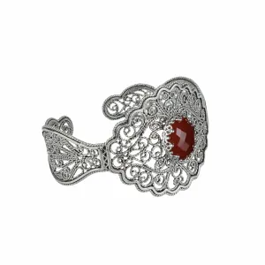 Filigree Art Carnelian Gemstone Lace Detailed Women Silver Cuff Bracelet