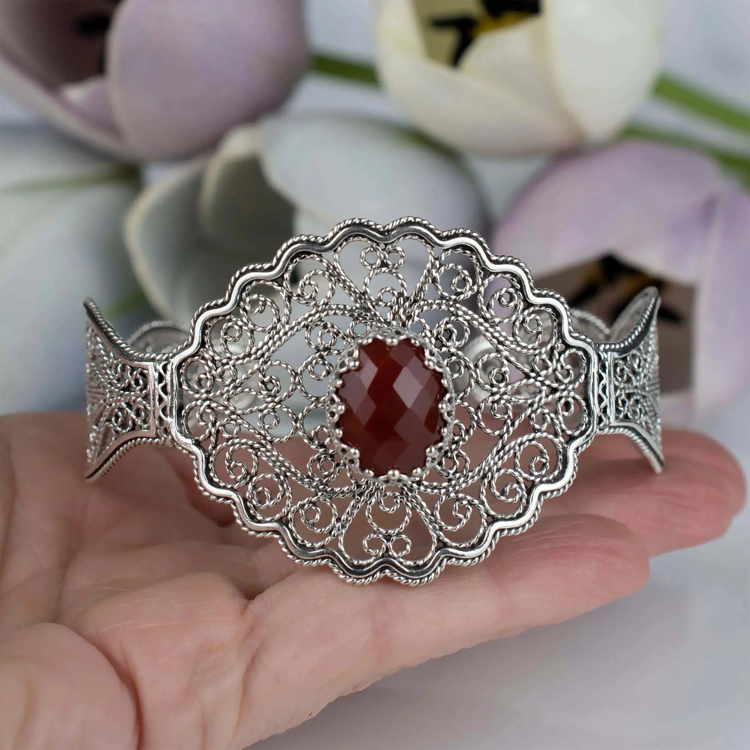Filigree Art Carnelian Gemstone Lace Detailed Women Silver Cuff Bracelet