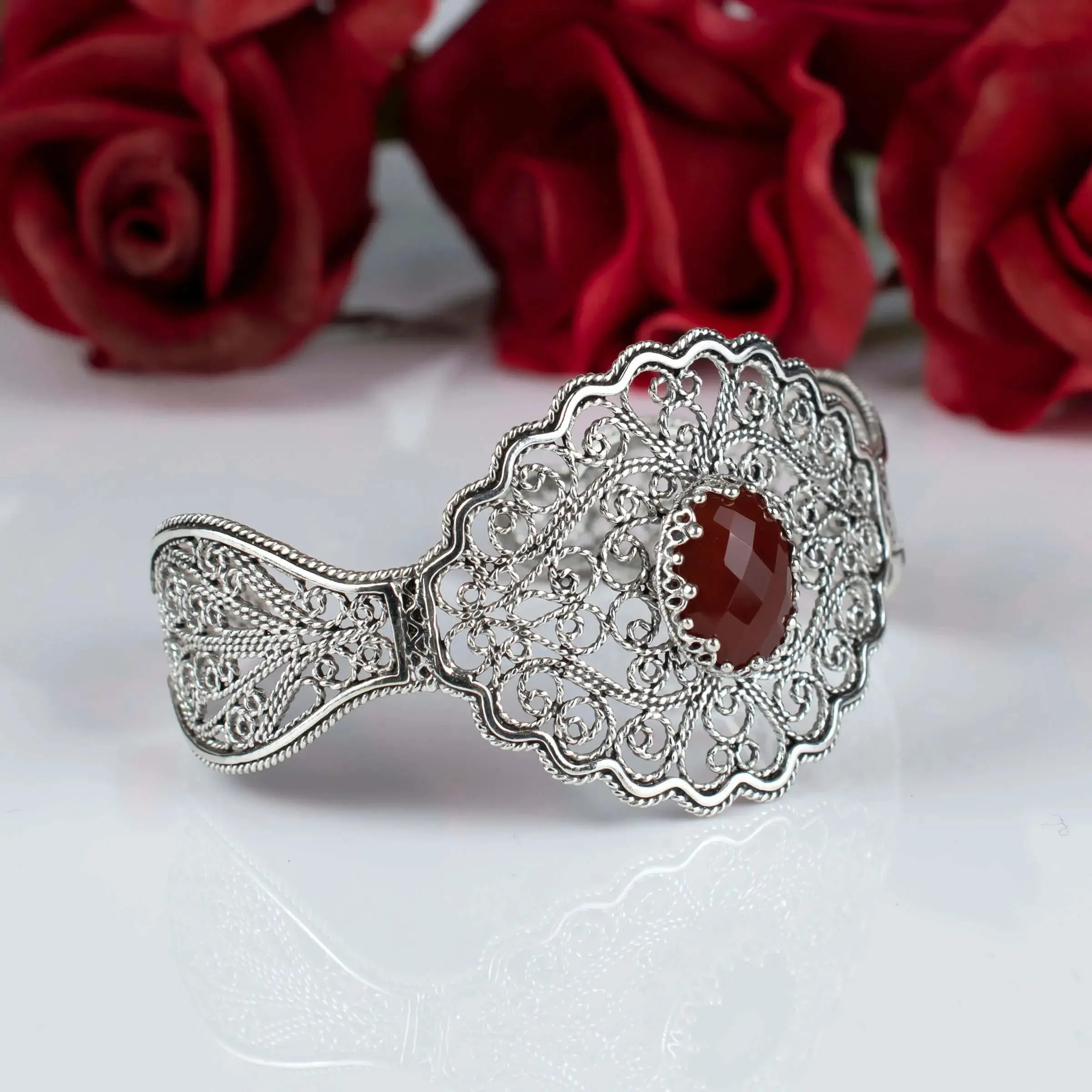 Filigree Art Carnelian Gemstone Lace Detailed Women Silver Cuff Bracelet