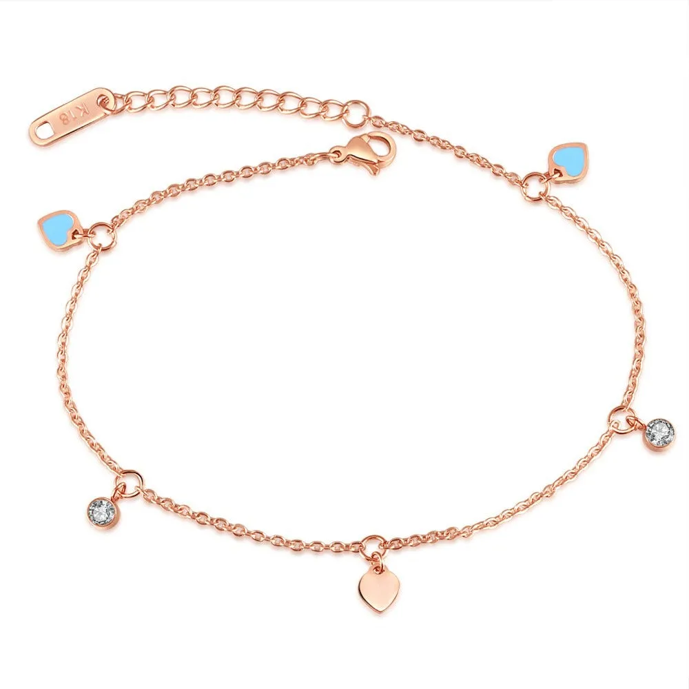 Fine Rose Gold Chain Hearts & Diamonds Anklet