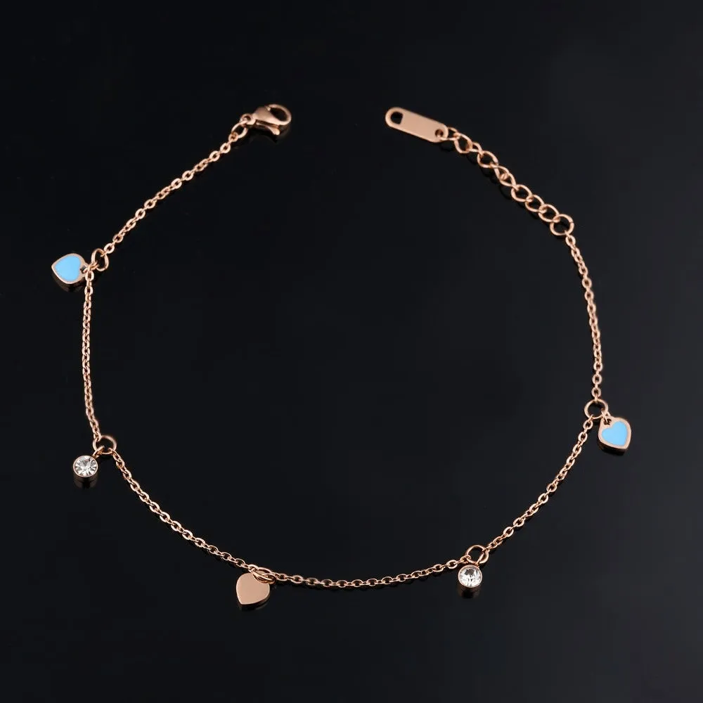 Fine Rose Gold Chain Hearts & Diamonds Anklet