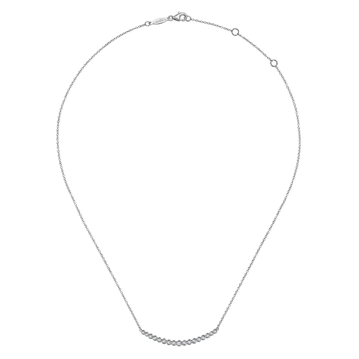 Gabriel & Co. Fashion 14k White Gold Curved Bar Necklace with Bezel Set Round Diamonds