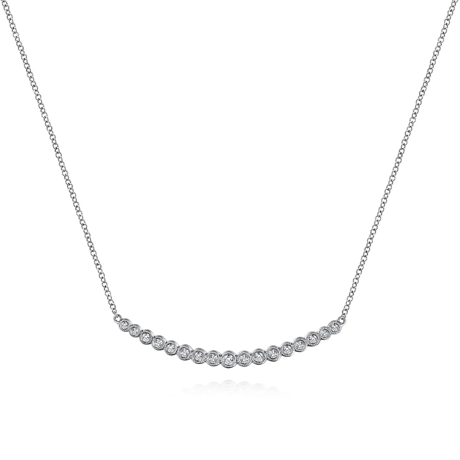 Gabriel & Co. Fashion 14k White Gold Curved Bar Necklace with Bezel Set Round Diamonds