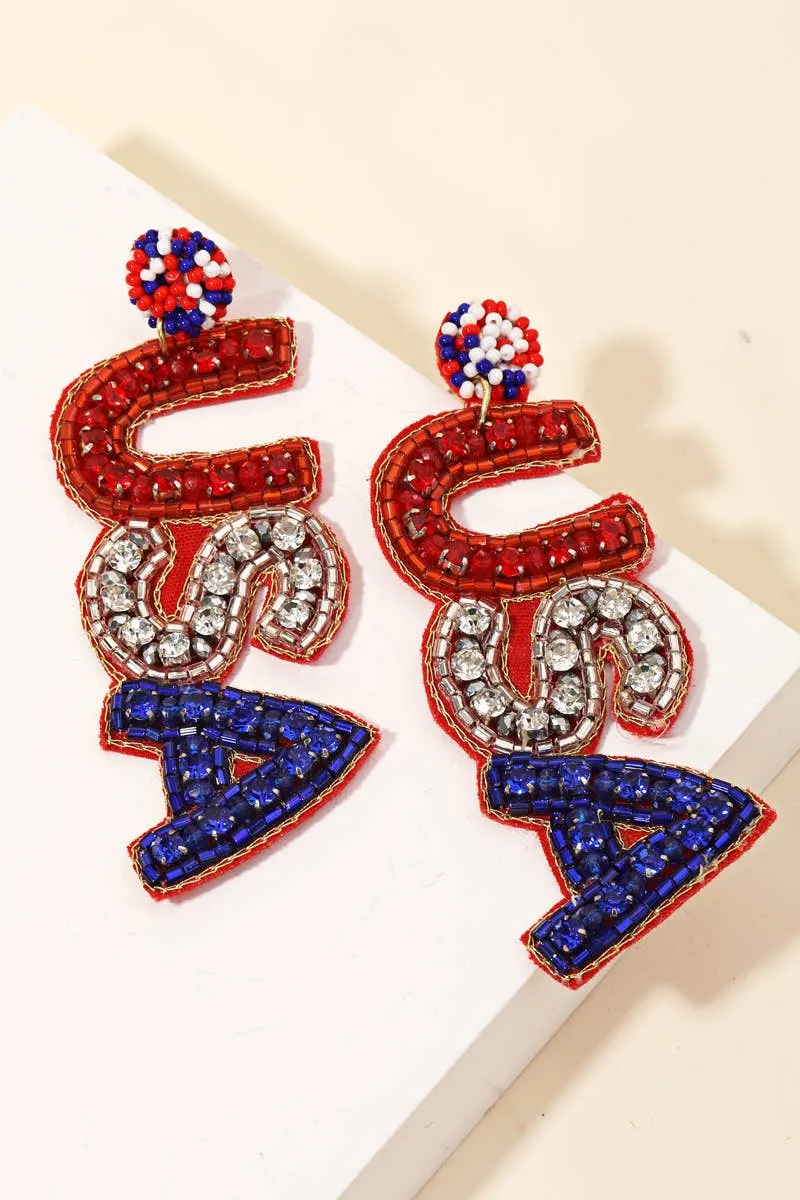 Glass Beaded Usa Print Earrings: RBW