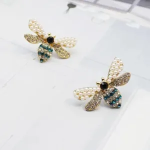 Gold and Pearl Bumble Bee Stud Earrings